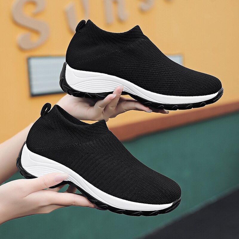 Buty do chodzenia kobiety Chunky Sneakers platforma moda Knitting mokasyny na co dzień Slip-on oddychające