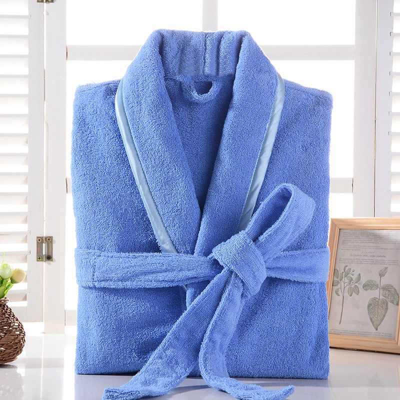 Badekåpe menn 100%  bomullshåndkle fleece tykk frotté varm brudepike badekåpe lang snor badekåpe par hotell hjemme morgenkåpe: Blå / M (155-165cm)