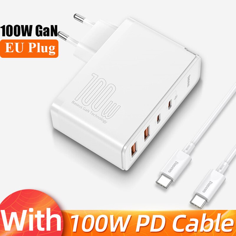 Caricabatterie Baseus GaN 100W PD QC 4.0 3.0 caricatore rapido USB tipo C caricabatterie rapido USB C per iPhone 12 Pro Max Macbook: White EU Plug-4ports