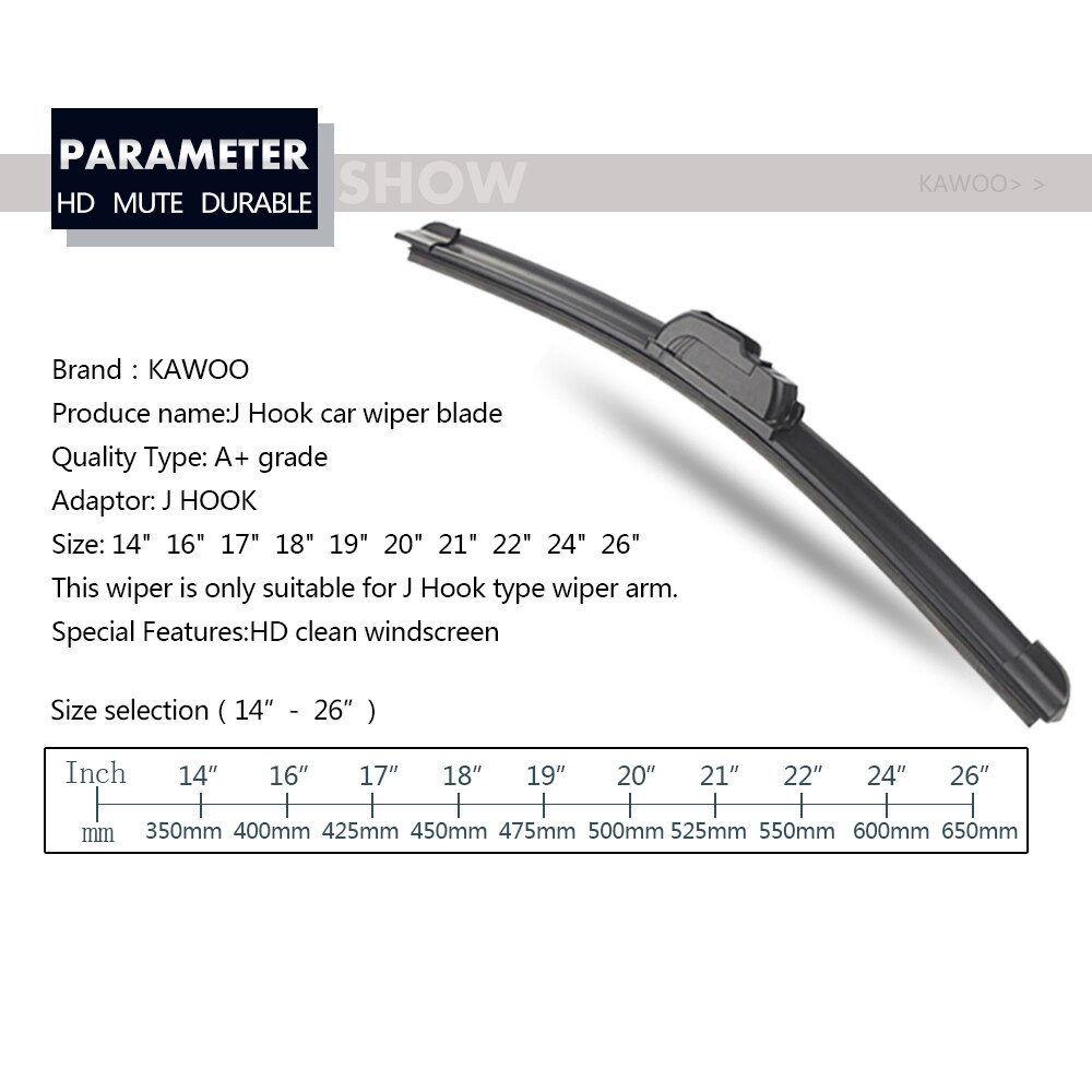 KAWOO Car Wiper Blade U Hook Universal Frameless Bracketless Rubber Car Windshield Wipe Blades 14"16"17"18"19"20"21"22"24"26"28"