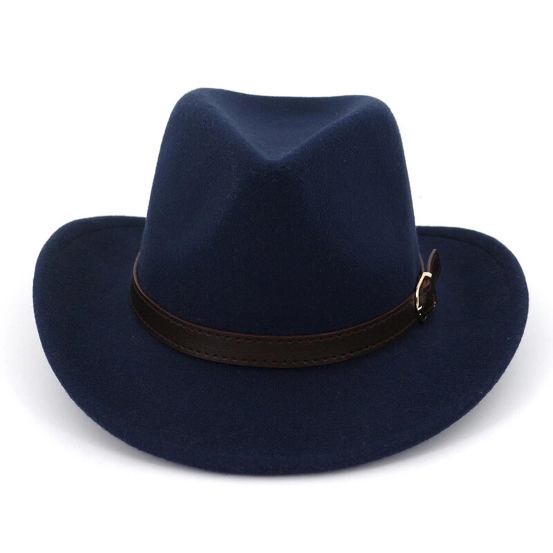 Sombrero de fieltro vaquero de ala ancha para hombre y mujer, sombrero de fieltro de vaquero con hebilla de cuero, estilo panamá Trilby Jazz, europeo y estadounidense