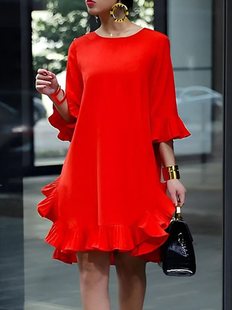 Robe de soirée élégante Falbala pour femmes, robes mi-longues rouges pour femmes, printemps, été, demi-manches, document solide, décontracté, 2024