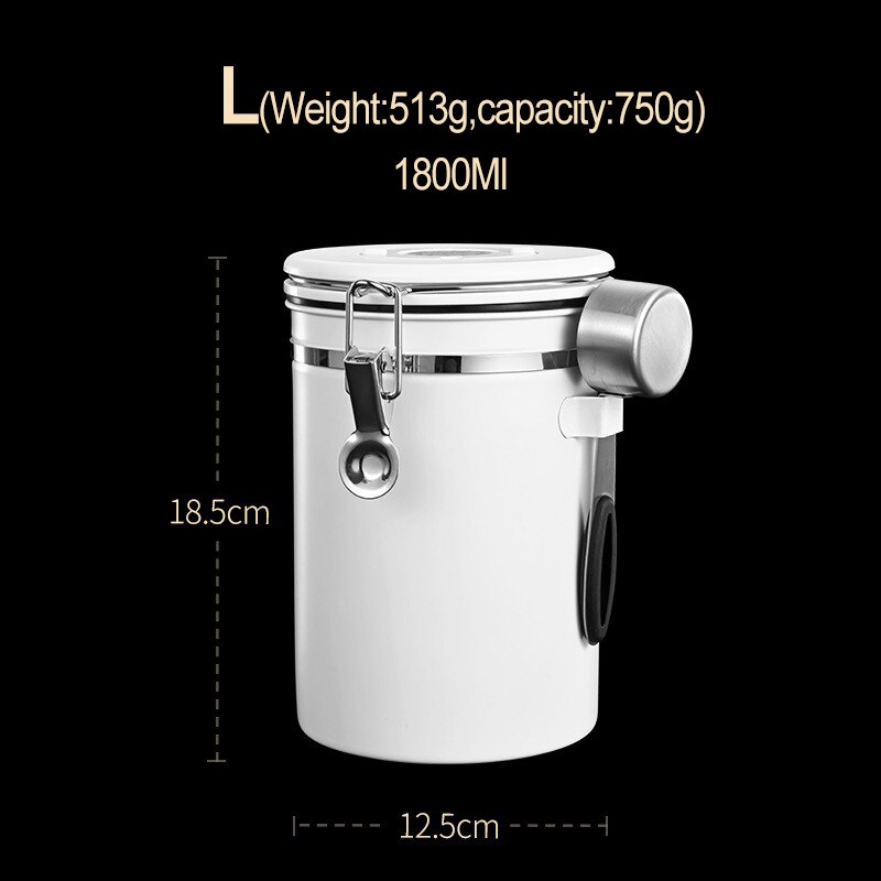 Recipiente de almacenamiento para granos de café, recipiente hermético de acero inoxidable sellado con válvula de CO2, mantiene los cereales frescos, tarro de té y caramelo: 1800ML-White