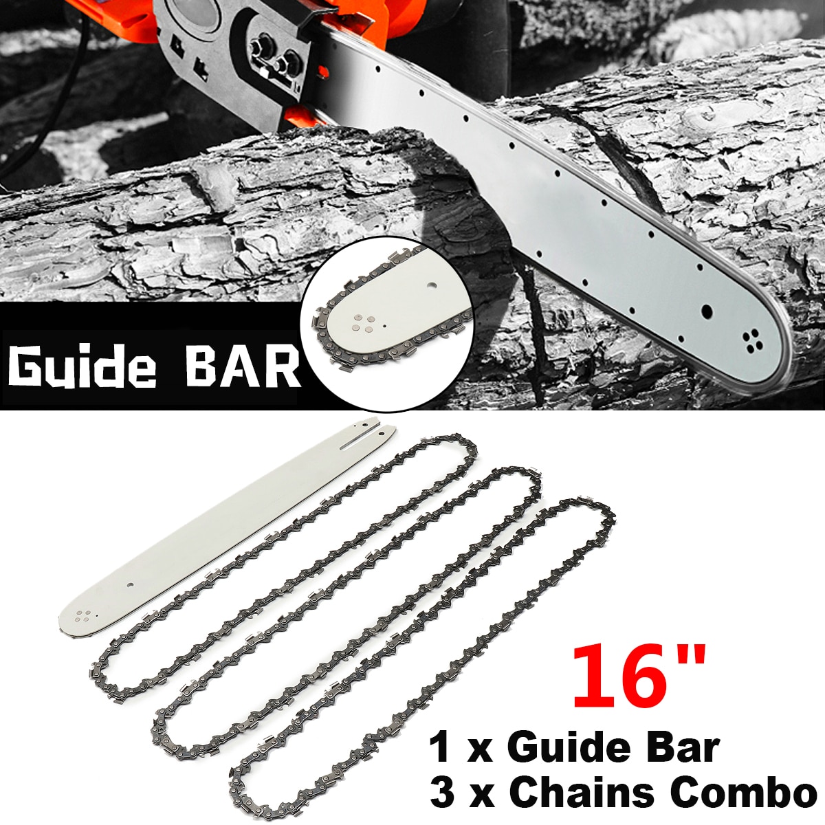16 Inch Chain Saw Guide Bar with 3pcs Chains for STIHL 009 012 021 E180 MS180 MS190