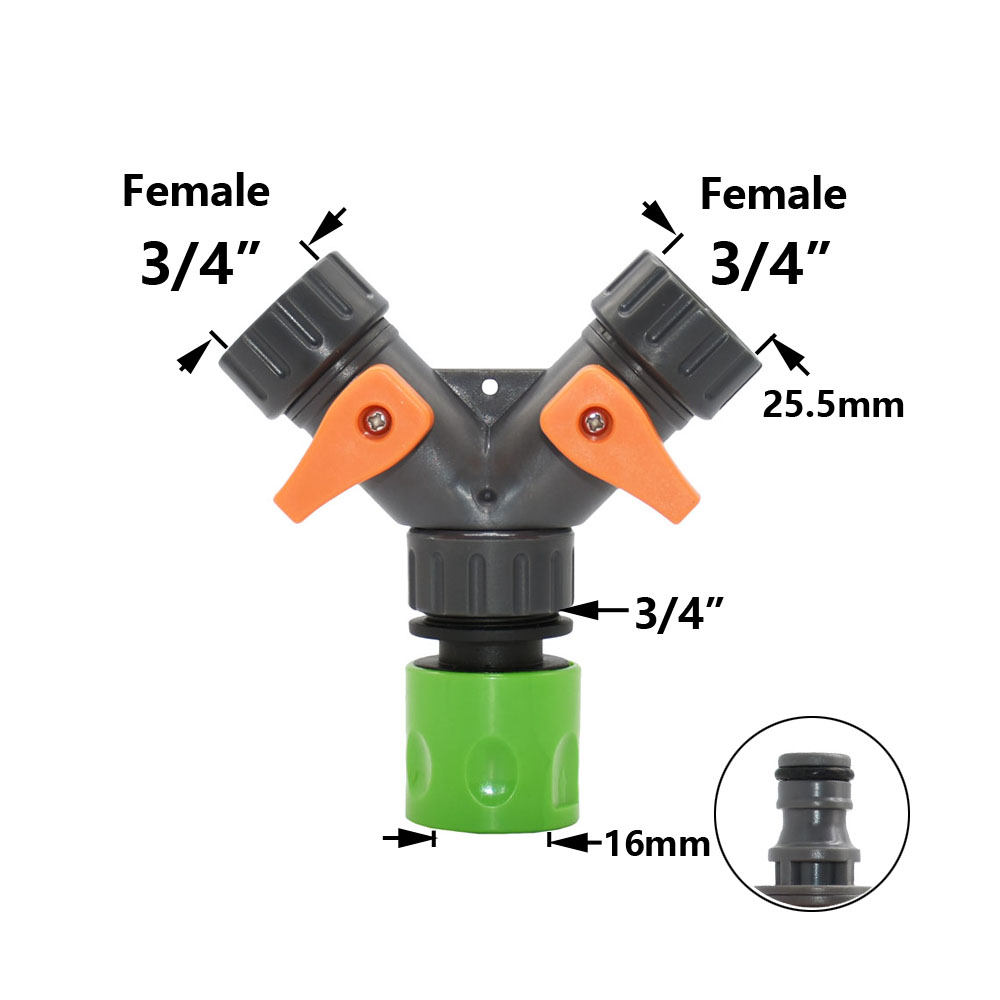 Divisor de agua de manguera de jardín de 2 vías, Conector de manguera tipo Y, acoplamiento rápido, sistema de riego por goteo, válvula controladora de agua, 1/2, 3/4 pulgadas: Negro