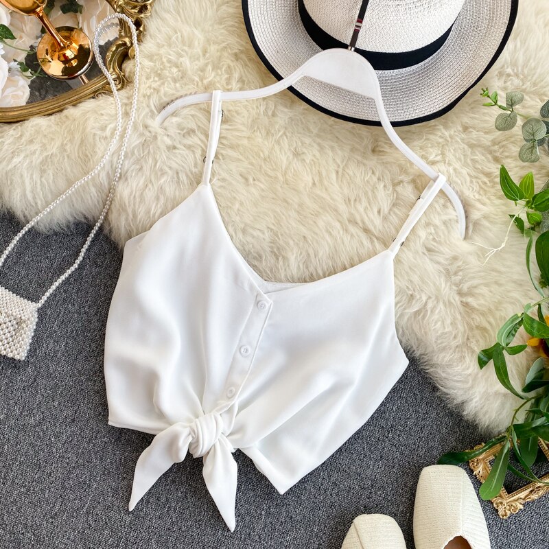 Kvinde street-wear sexet strop top v-hals rygløs crop top koreansk stil solid knap slanke korte tank tops: Hvid
