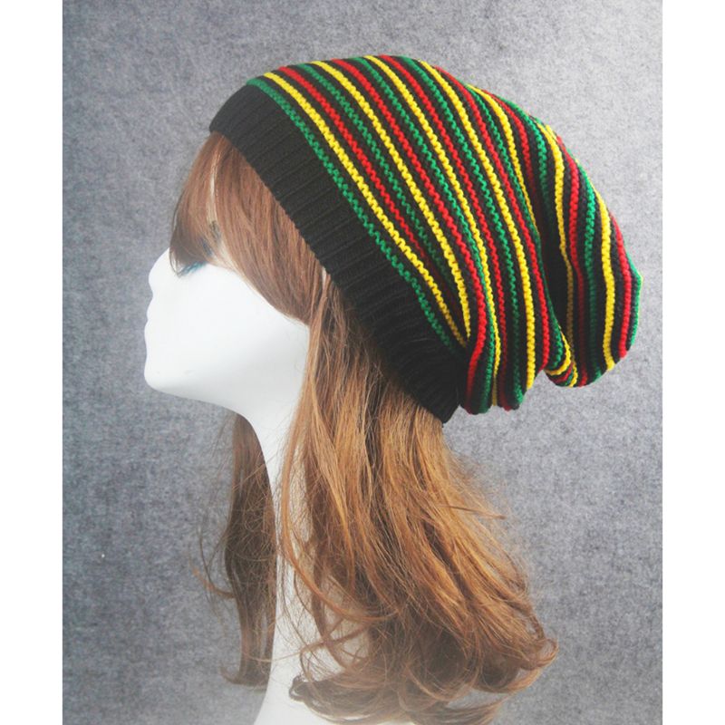 Unisex Haak Golvend Fijne Strepen Beanie Cap Regenboog Jamaica Vlag Baggy Skull Hoed F3MD