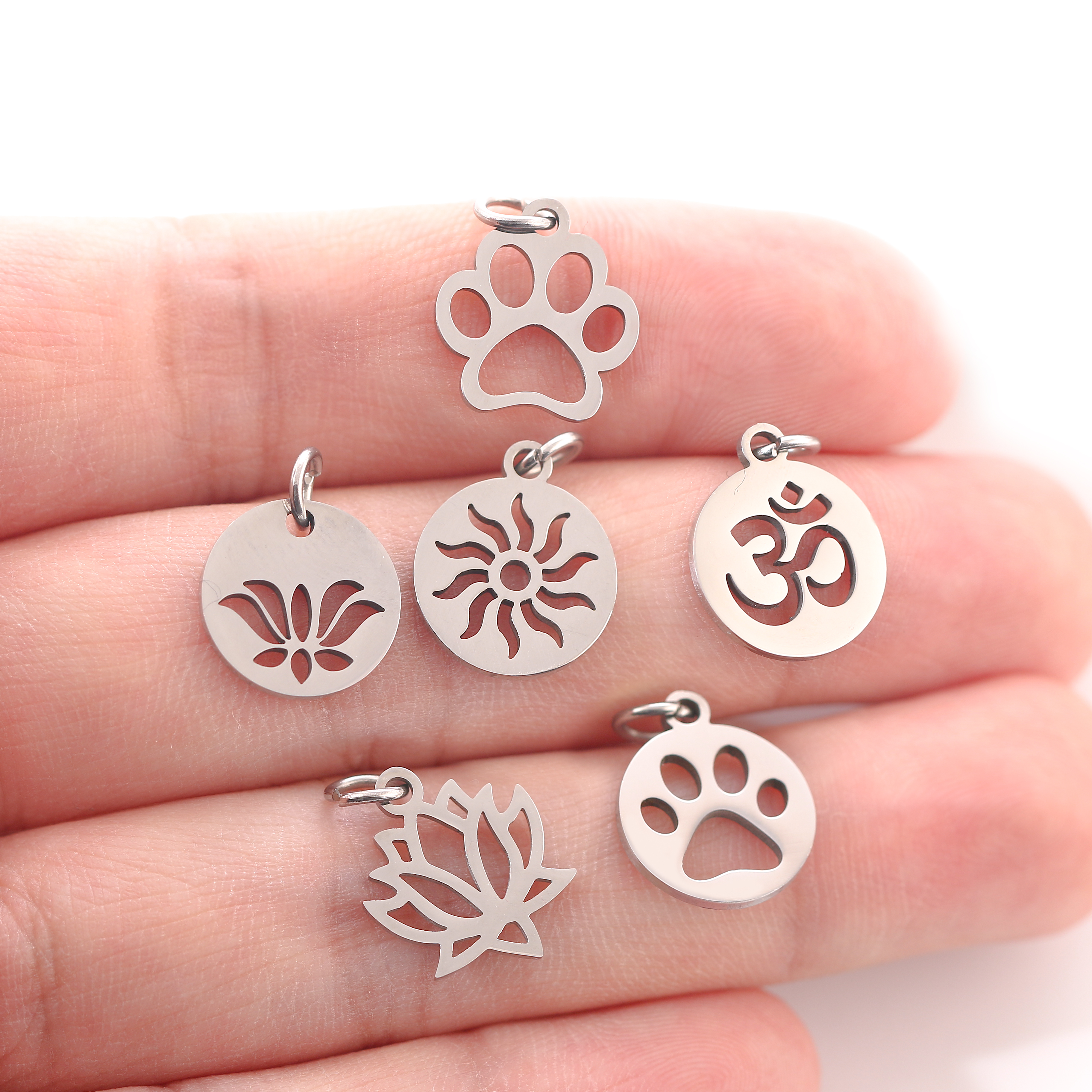 5 stuks/set dierenklauw bedeltjes van roestvrij staal: kat/olifant/kolibrie/yoga bedeltje voor het maken van doe-het-zelf kettingen, oorbellen, sieraden en hangers