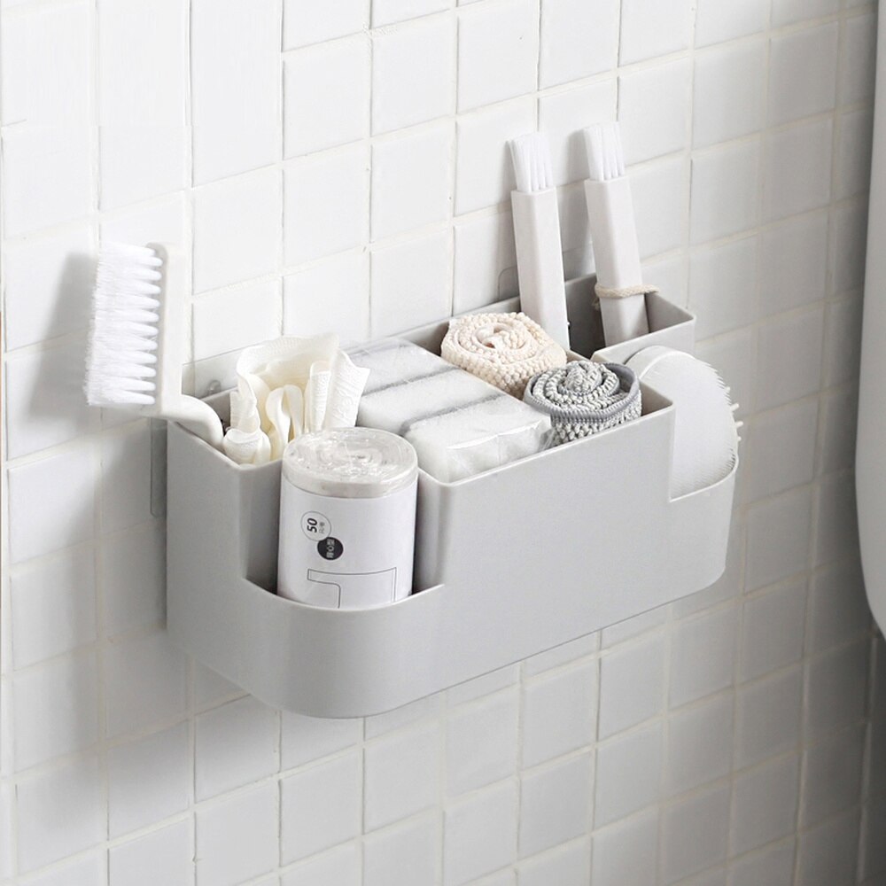 Caja de almacenamiento de plástico montada en la pared para baño, estante de cosméticos para inodoro, ventosa, sin perforaciones, estante de almacenaje para cocina wx8081749