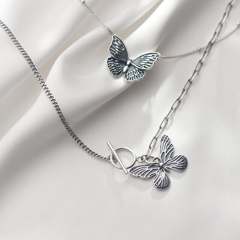 ANENJERY Arrivals Butterfly Pendant Thai Silver Color Necklace for Women Party Clavicle Chain Necklace Jewelry S-N649