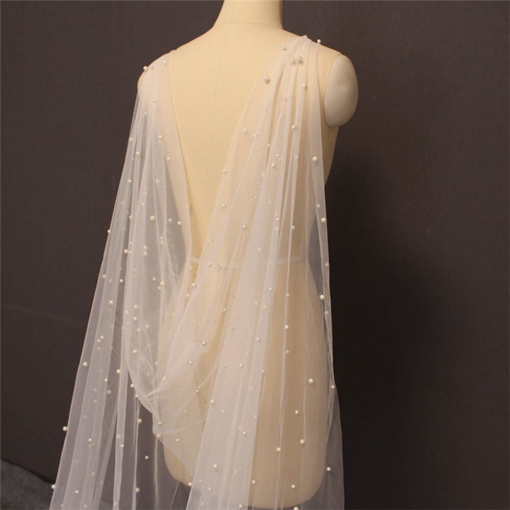 Lady Pearl Beaded Long Shawl Wedding Bridal Shoulder Tulle Women Romantic Illusion Cape