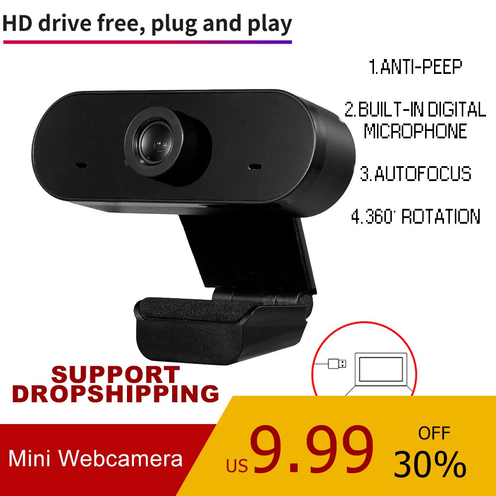 HD 1080P Webcam USB Mini Computer Camera Built-in Microphone, Flexible Rotatable for Laptops Desktop and Gamer for dropshopping