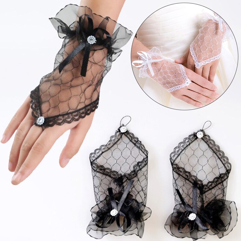 Guantes cortos de encaje sin dedos para mujer, accesorio para novia, con diamantes de imitación, color negro, rojo y blanco, accesorios de boda