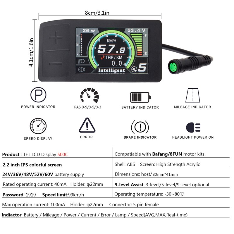 Bafang-pantalla LCD TFT para bicicleta eléctrica, 500C, indicador de velocidad, 8FUN, Motor central de 36V, 48V, 52V, 60V, 750W
