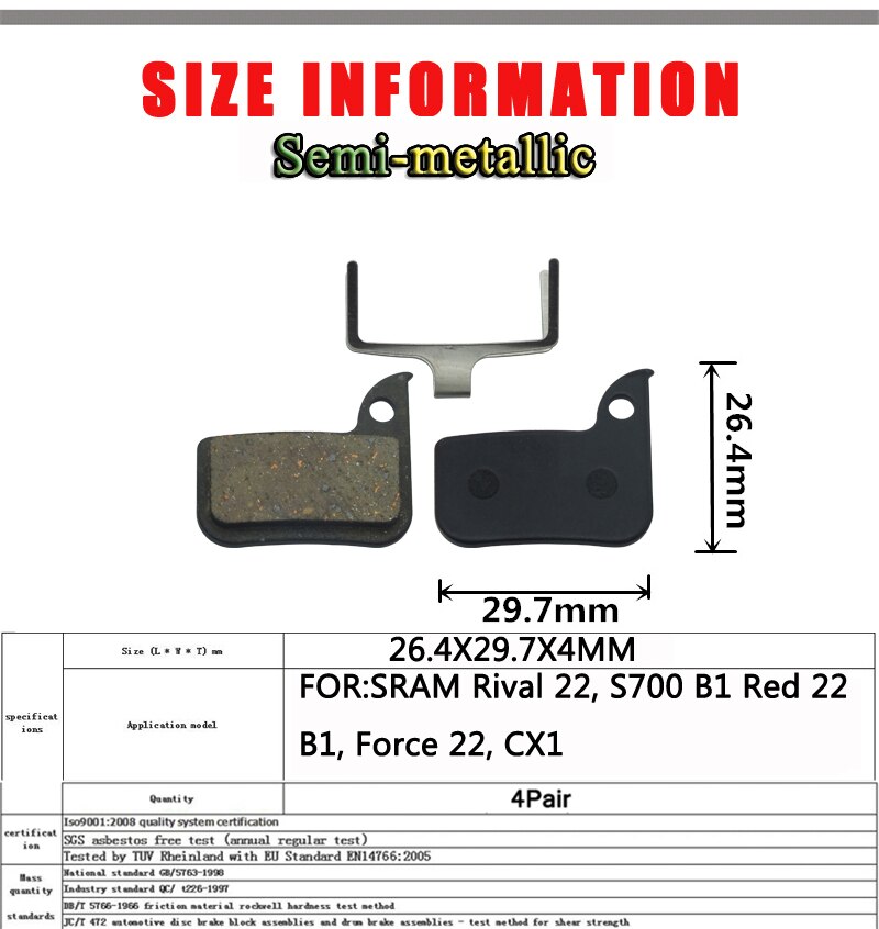 4 Pair MTB Mountain E-BIKE Bicycle Disc Brake Pad FOR SRAM AVID Rival 22 S700 Red 22 B1 Force 22, CX1 Semi-Metallic Accessories