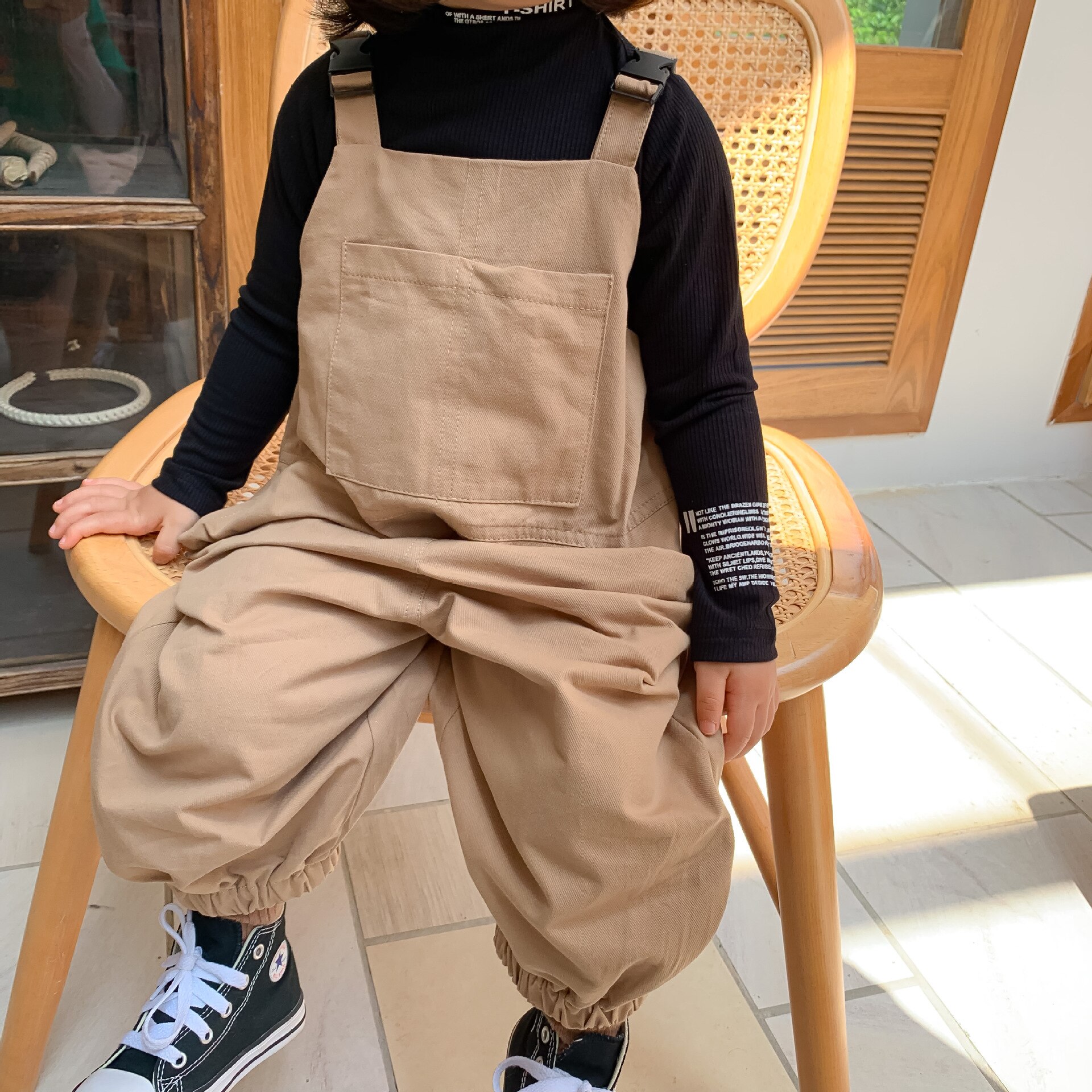 Herfst Kinderen Overalls Kinderkleding Koreaanse Stijl Meisjes Katoen Algehele Effen Kleur Rechte Pijpen Broek: Khaki / 3T