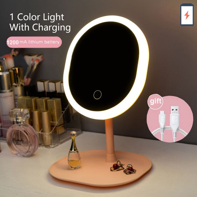 Makeup mirror with led mirrors 5 times magnifier standing mirror touch screen vanity mirror With lights desk cosmetic mirrors: Pink A Style