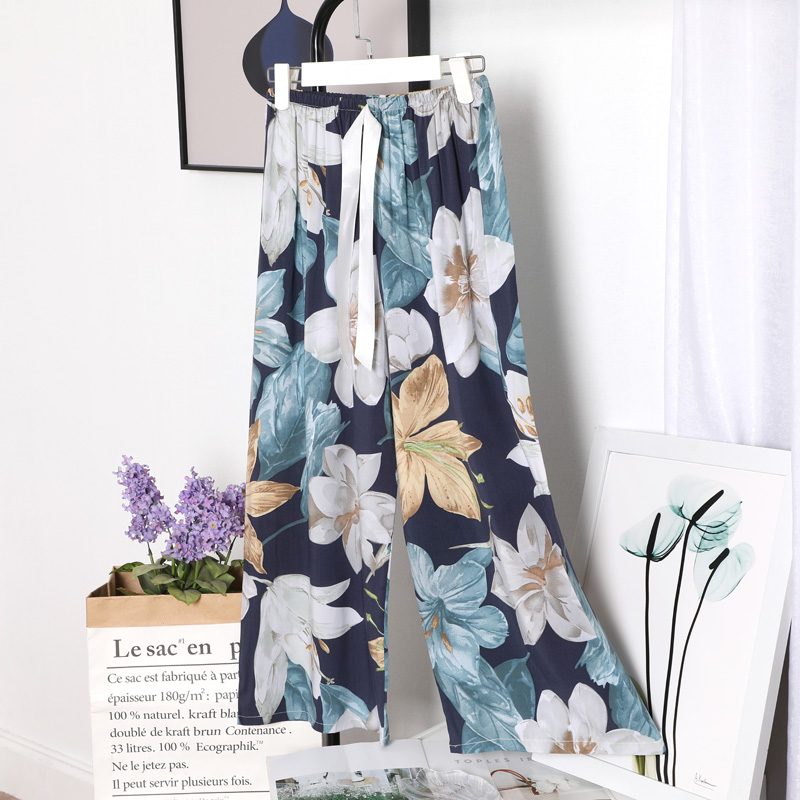 Pantalon en coton respirant pour femmes, imprimé Floral, jambes larges, cordon de serrage, vêtements de maison, Long, été: 1