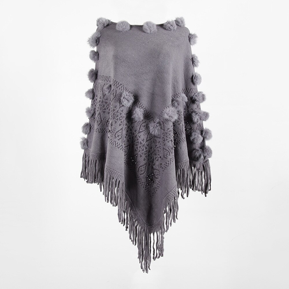 Cape Poncho pour femmes, col rond, avec pompon tricoté, Capes solides, manteau , Cape, châle, automne: Gris