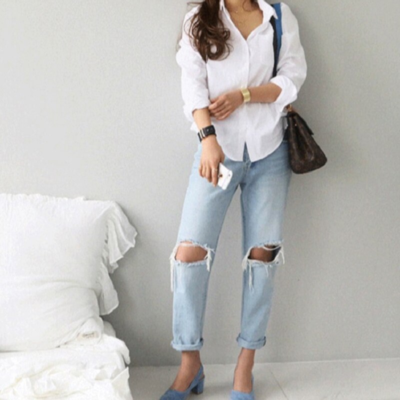 Ladies Loose Shirt Women Blouse Casual Lady Soft White OL Style Womens Workwear Office Female Tops Pure Lapel Blouses