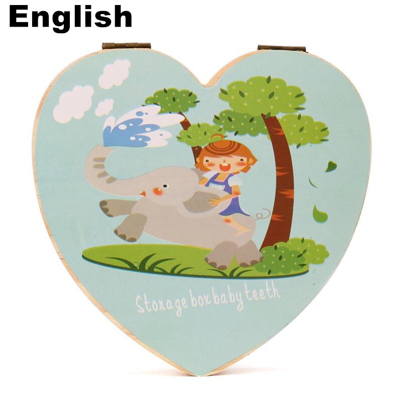 Elsker hjerte engelsk og spansk børn tandkasse arrangør ugle / elefantmaling baby gemme mælketænder træ opbevaringsboks til barn: Engelsk-c