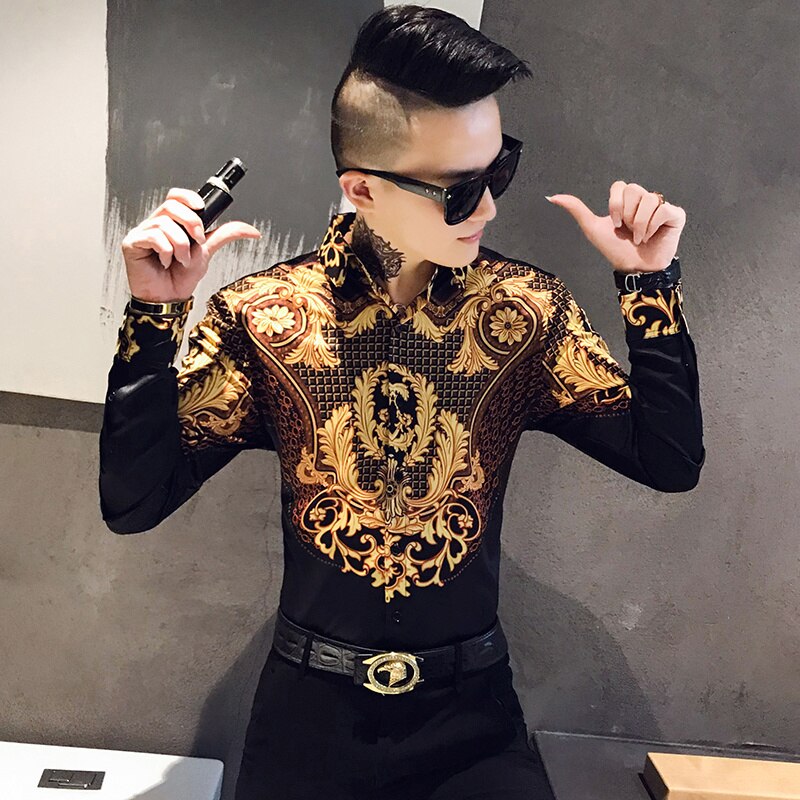 Casual blus homme barock bankettskjorta paisley svart guld herrskjorta lyx koreansk herr långärmade skjortor herr slim fit: Svart / Eu m(tagg 3xl)77kg
