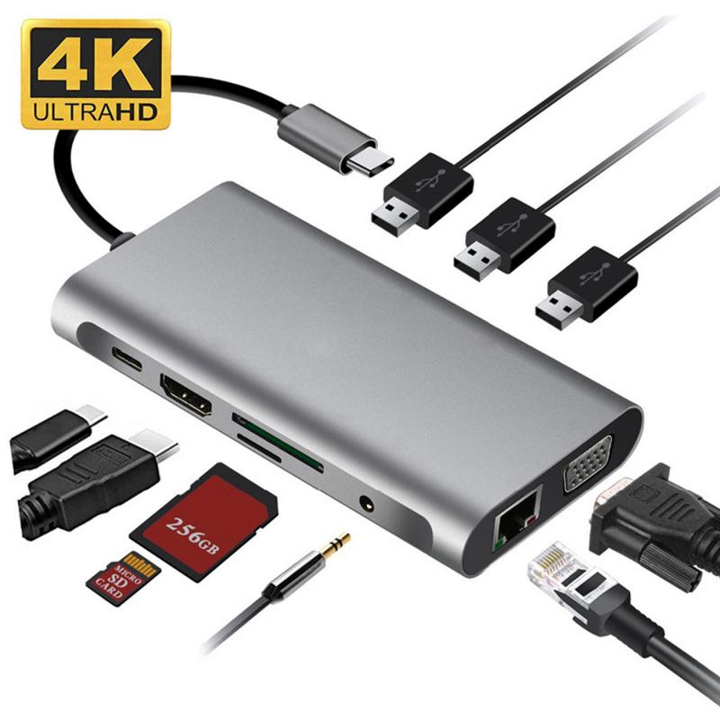 USB tipo C a HDMI 4K VGA adattatore RJ45 Lan Ethernet SD TF USB-C TypeC Hub USB 3.0 3.5mm Jack Audio Video Converter per MacBook
