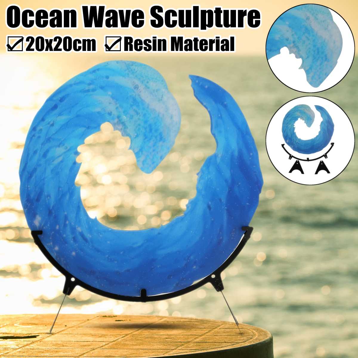 20X20CM Home Decoration Ocean Wave Fused Glass Sculpture Blue Wave Sculpture Ornament Birthday Desktop Decor With Bracket