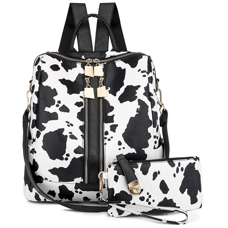 DIDA BEAR-Mochila de cuero para mujer, morral escolar grande, de viaje, Color caramelo con monedero: Cows White