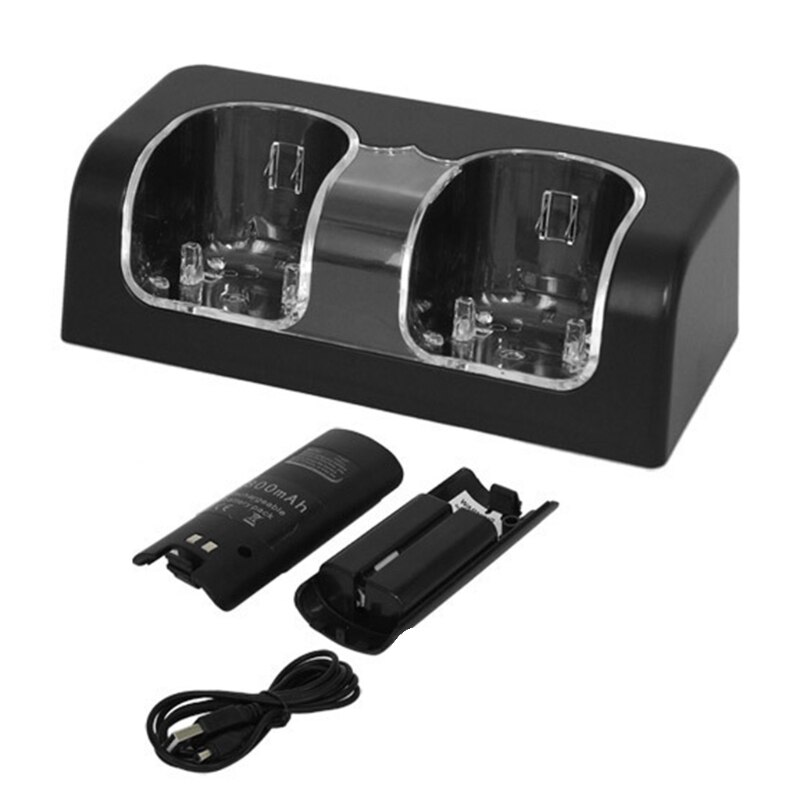 2 Poorten Laadstation Houder Voor Wii, controller Dock Station Charger Met 2X2800Mah Oplaadbare Batterij &amp; Usb Kabel: Black