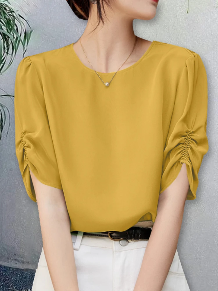 Zanzea kontorbluse sommer dame kortærmet arbejdsskjorte stilfuld ensfarvet tunika toppe afslappet o-hals blusas oversize