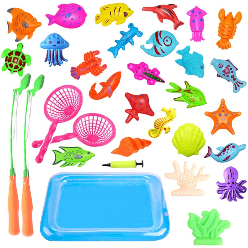 Juego de juguetes de peces con piscina inflable para niños, juguete de pesca magnético, Red de caña para niños, modelo para jugar, pesca, juegos al aire libre