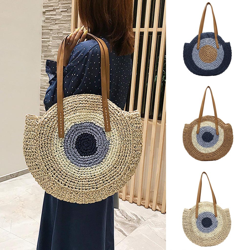 Bolsos redondos de paja para mujer, bolsa de mimbre hecha a mano, bolsa cruzada de playa tejida, bolso bohemio circular Bali,