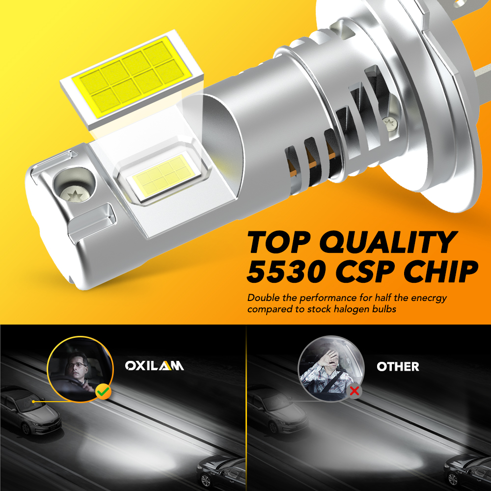Oxilam 2 stk. led-forlygte til biler  h7 12v 55w 20000lm 5530 csp til bilforlygte 6500k stk. uden blæser  h7 stk. diodepærer mini 1:1 stk.