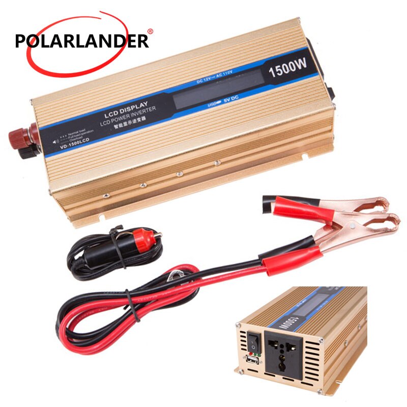 Power inverter 1500w 50hz 12v/24v to 110v/220v omformer kjøretøy strømforsyning gull med skjerm for de fleste bil