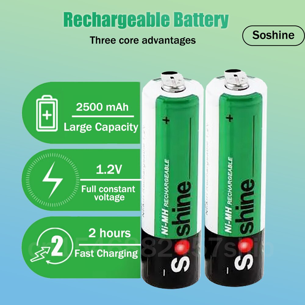 4pcs Soshine 14500 AA 1.2V 2500mAh NiMH Rechargeable Battery With Tab Spot Welding For Flashlight Doorbells Mouse Camera Cells