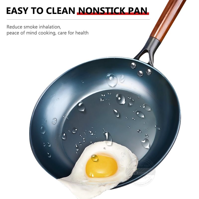 Flat stekepanne kinesisk tradisjonell jernpanne med trehåndtak ikke-belagt wok non-stick kokepanne for gass og induksjon