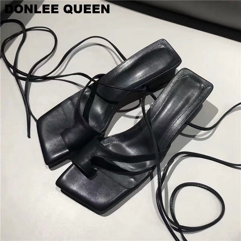 Sandalias de tacón bajo y punta cuadrada a la de para mujer, sandalias de gladiador con cordones, sandalias con correa en la espalda, zapatos de verano informales para mujer, sandalias de playa