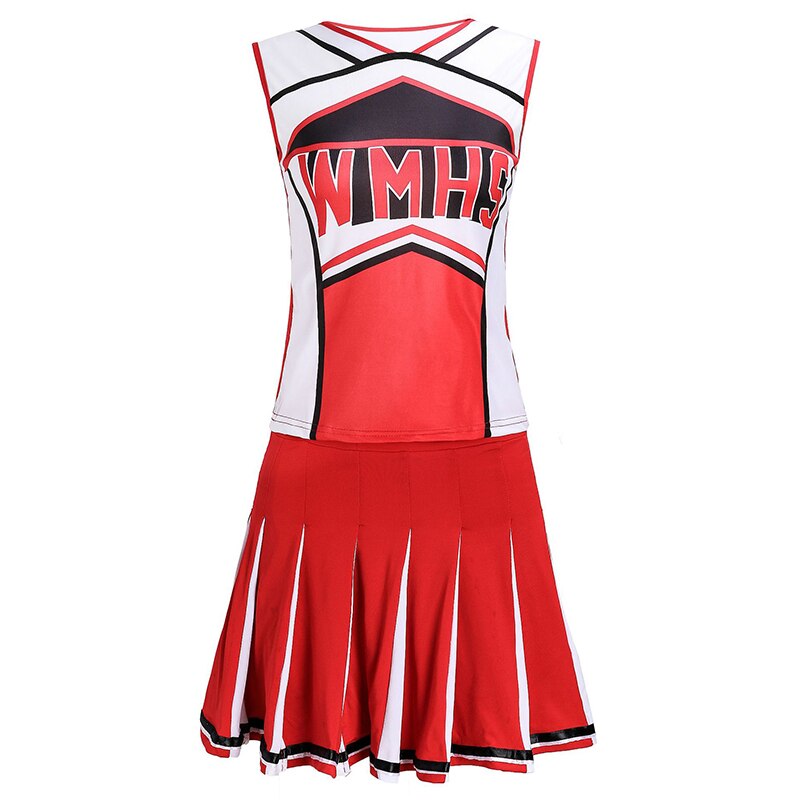 Robe de pom-pom Girl rouge fille de lycée Cheerleading uniforme de sport Leader de la joie robe de réservoir hauts + jupes uniforme de danse: Dress with Poms / XL
