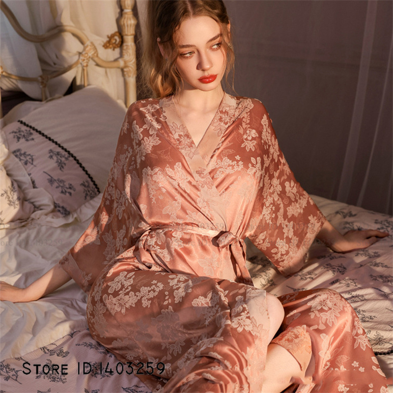 Chinese Style Jacquard Long Robe Nightgown Silk Satin Kimono Bathrobe Gown Spring Summer Sleepwear Home Dress Pajama: 3XL / Brown