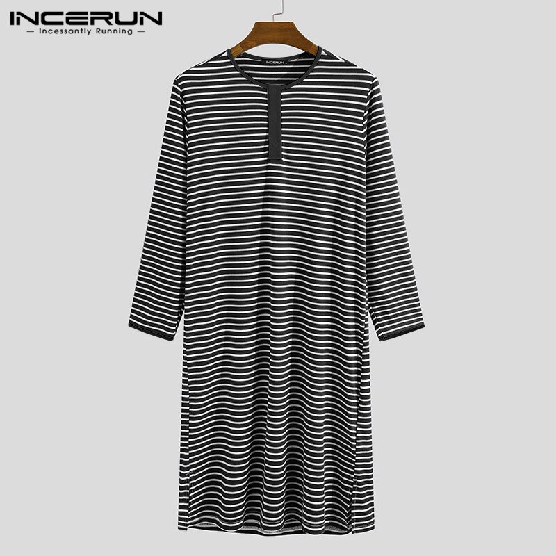 INCERUN Men Homewear Nightclothes Men Striped Sleep Tops Long Sleeve Round Neck Loose Nightgrown Casual Comfortable Sleepwear