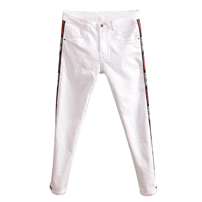 Men Skinny Jeans Elastic White Streetwear Side Stripe Pants for Cowboys P85