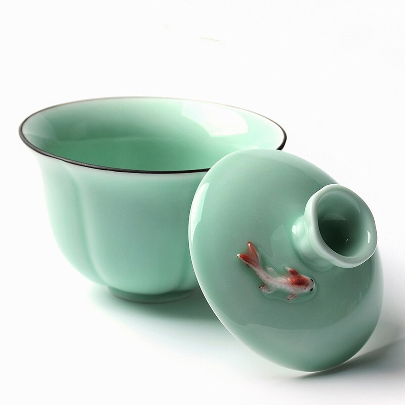 3D Goldfish Gaiwan Ceramic Longquan Celadon Tea Tureen Gongfu Tea Set Tureen Cup