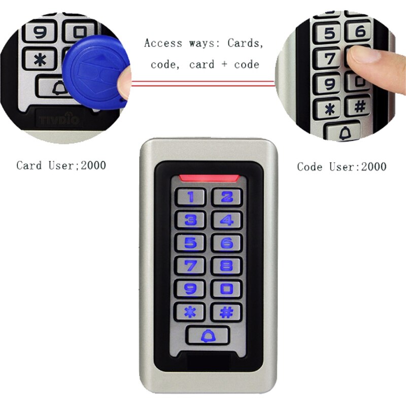 IP68 Waterproof RFID Access Control Keypad Metal Card Reader + 10pcs 125KHz Proximity Keychains WG26 2000 Users for Home/Office