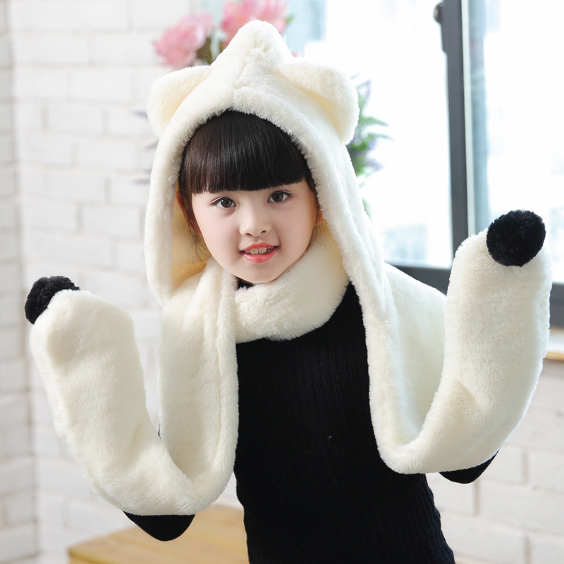 Conjunto de gorros y guantes de franela para niños y niñas, bufandas cálidas de invierno con dibujos animados, Unisex, 3 uds.: cream