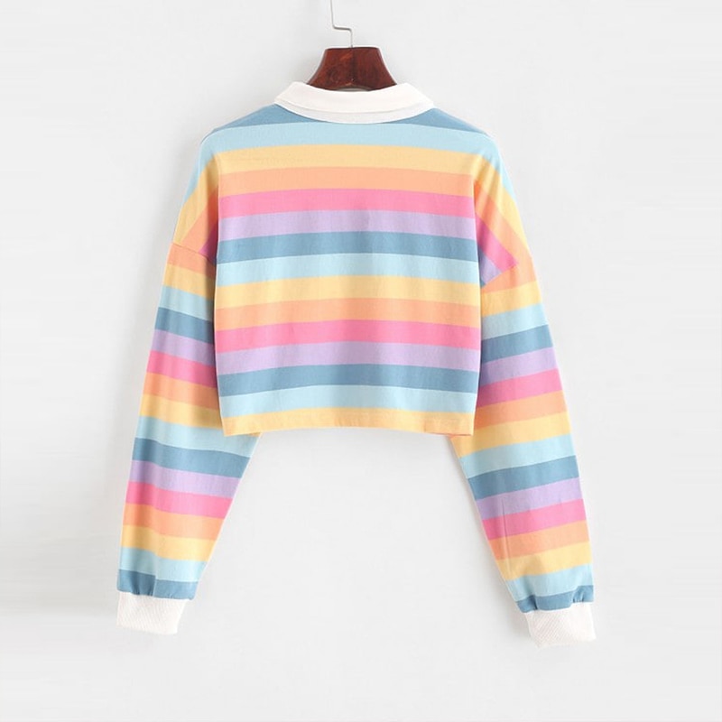 Qrwr polo shirt dame sweatshirt langærmet regnbue farve dame hættetrøjer med knap stribet sweatshirt i koreansk stil kvinder