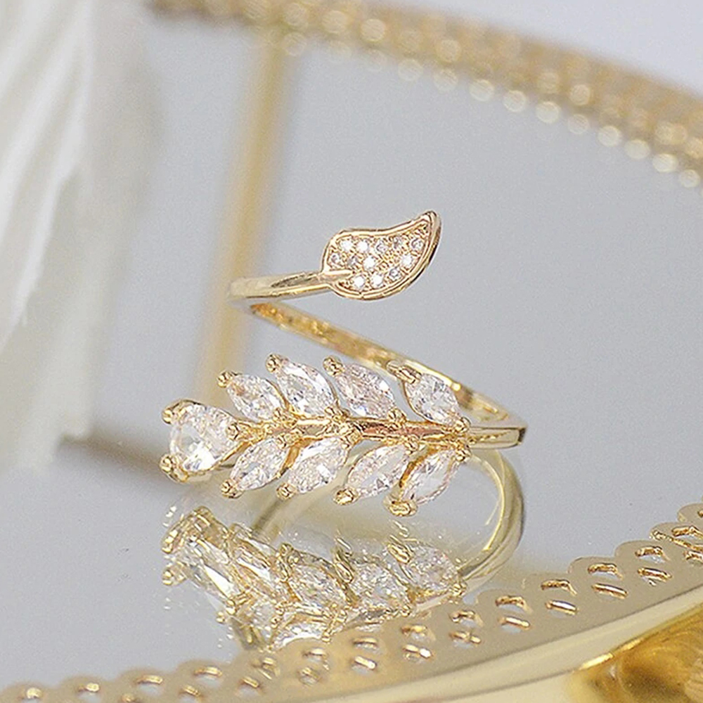 Huitan-anillos de hoja de olivo de estilo coreano para mujer, Color dorado, accesorios de lujo para dedo CZ, anillos con apertura ajustable, joyería: Default Title