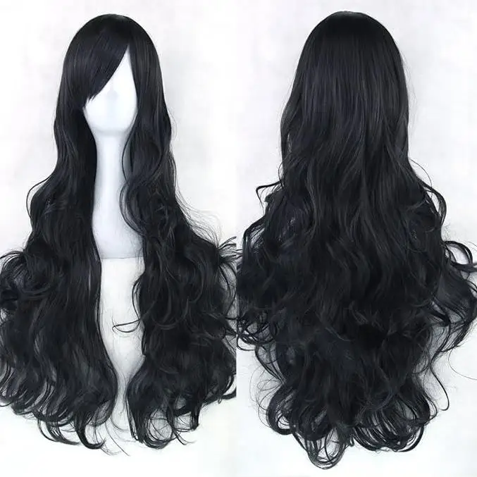 Perruque synthétique longue postiche rose blond noir bleu fête cheveux Cosplay perruques pour les femmes: Black