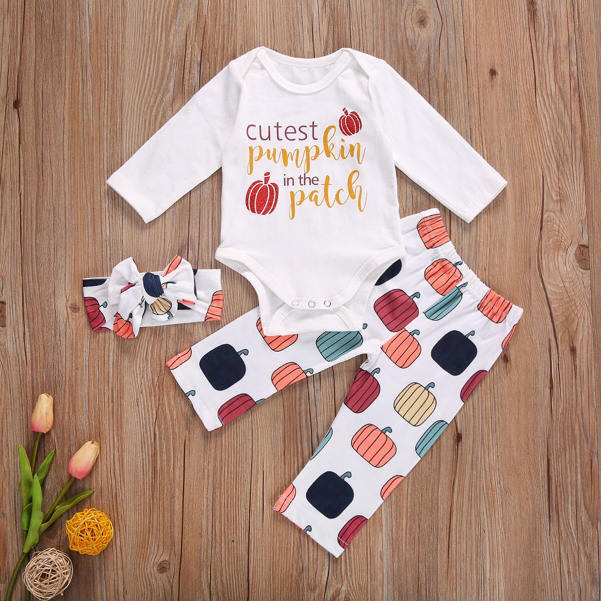 Halloween baby jenter takrenne klær sett gresskar skrive ut lange armer jumpsuits topper bukser pannebånd