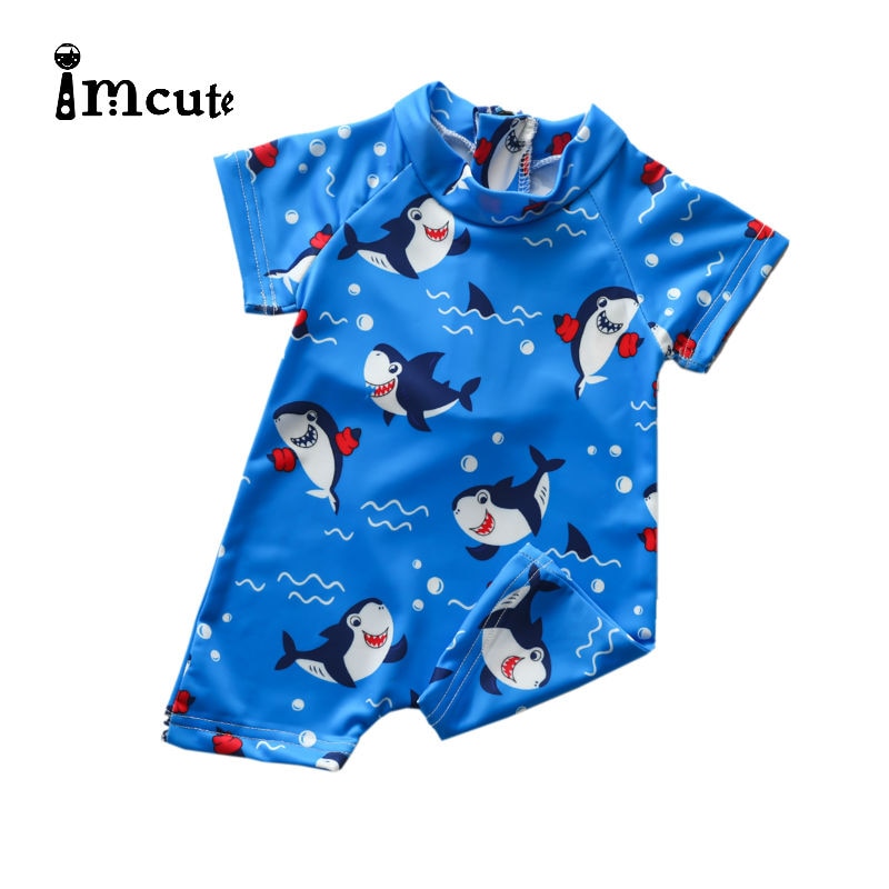 Imcute 0-3Y Infant Baby Boys One Piece Swimwear Cartoon Animal Print Short Sleeve Zipper Blue Beachwears For Kids Summer